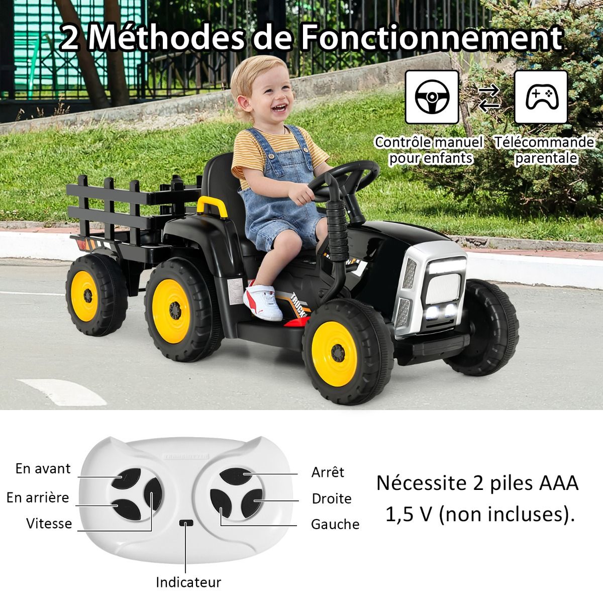 Tracteur Electrique avec Remorque pour Enfants 3 Vitesses Lumières LED Fonctions o USB et Bluetooth Jaune/Rose/Rouge/Vert/Vert Foncé/Noir -