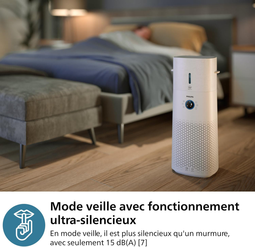 Philips Purificateur d'air et humidificateur 2 en 1 Séries 3000, 131 m2, Filtres NanoProtect HEPA et à charbon actif éliminant 99,97% des particules invisibles, Blanc (AC3737/10)
