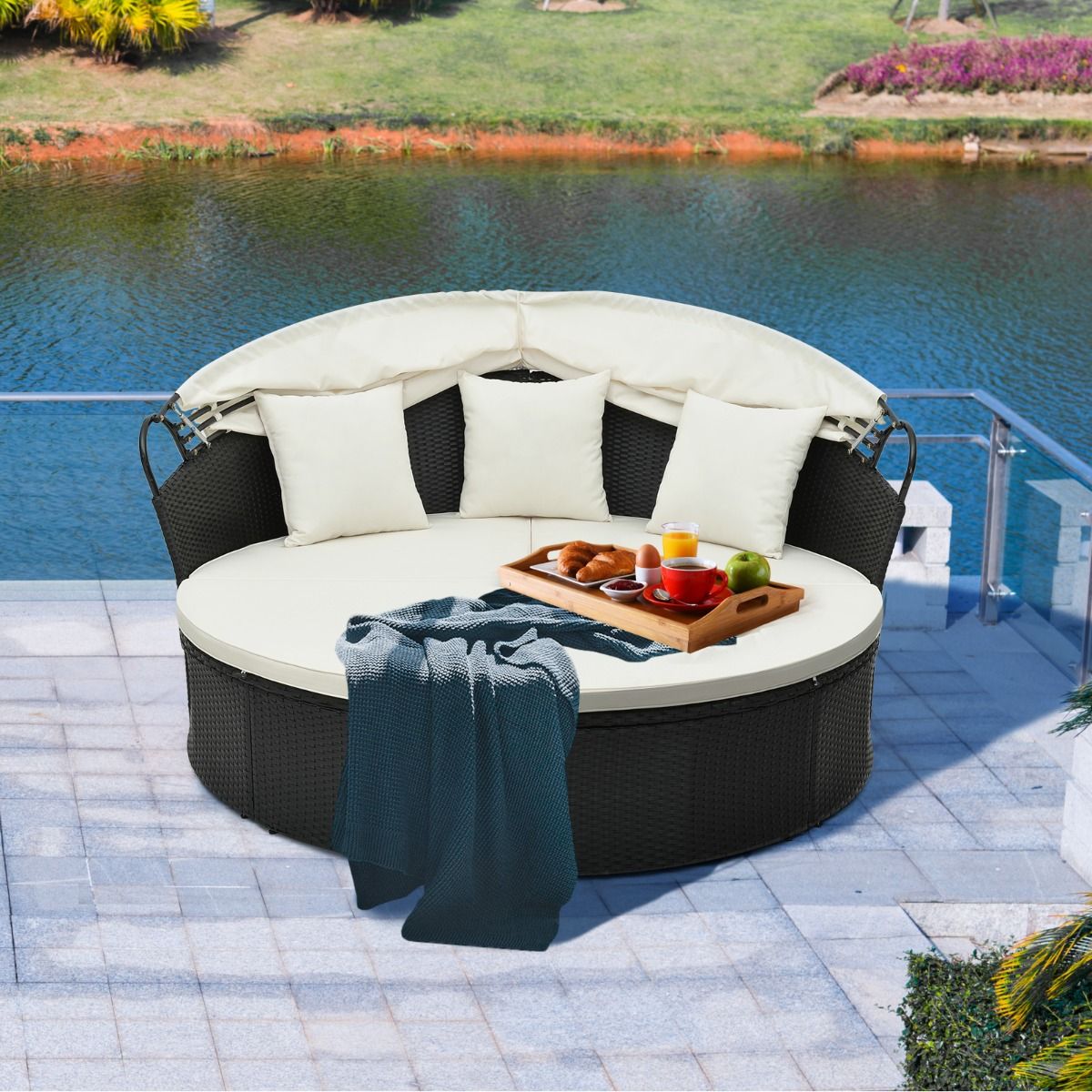 Lit Canap de Jardin Rond en Rotin PE Auvent Rtractable Coussins et Oreillers Amovibles Salon de Jardin Modulable Blanc -
