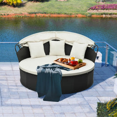 Lit Canap de Jardin Rond en Rotin PE Auvent Rtractable Coussins et Oreillers Amovibles Salon de Jardin Modulable Blanc -