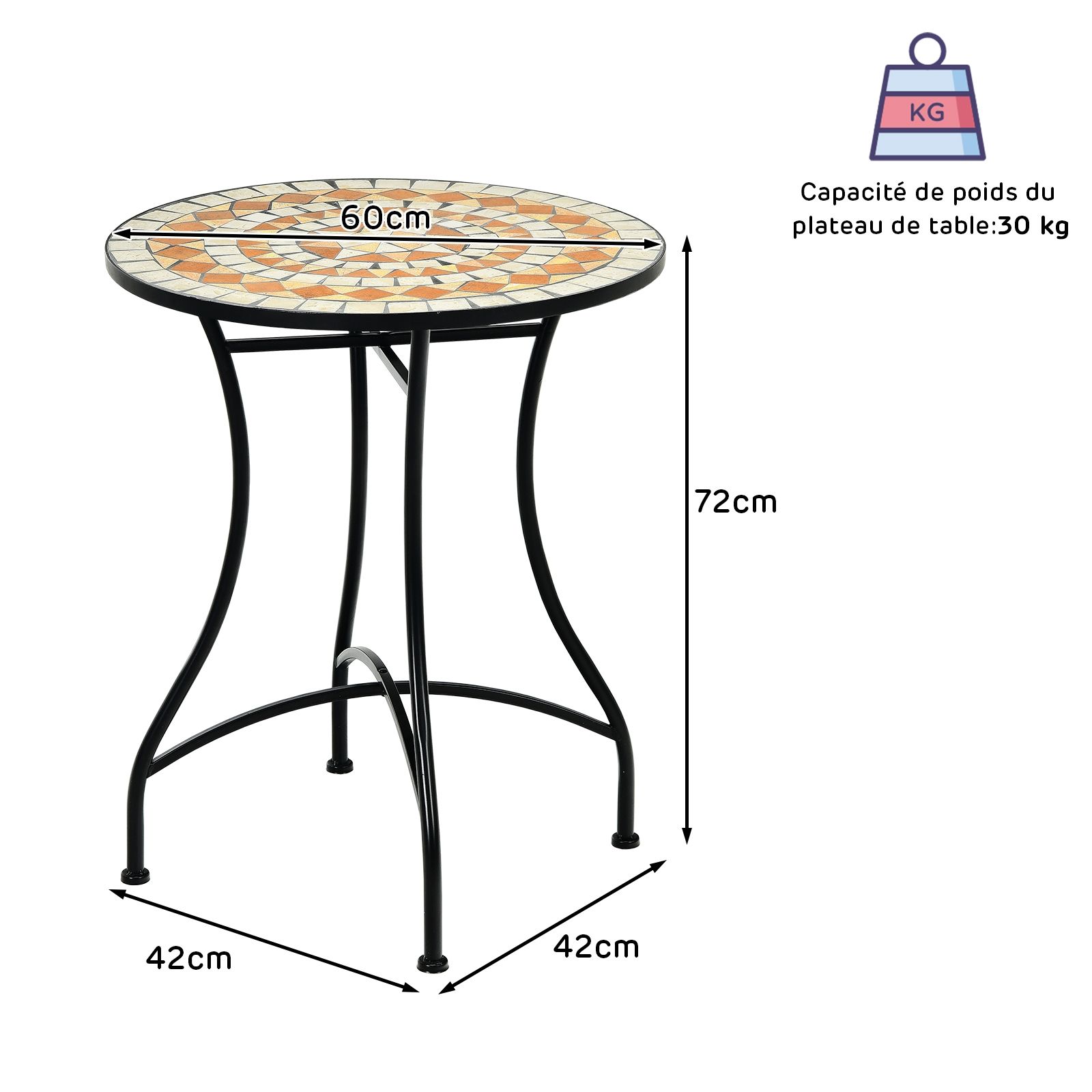 Table de Jardin Style Mosaïque Cadre en Fer et Revêtement Antirouille pour 60 x 60 x 72 CM -