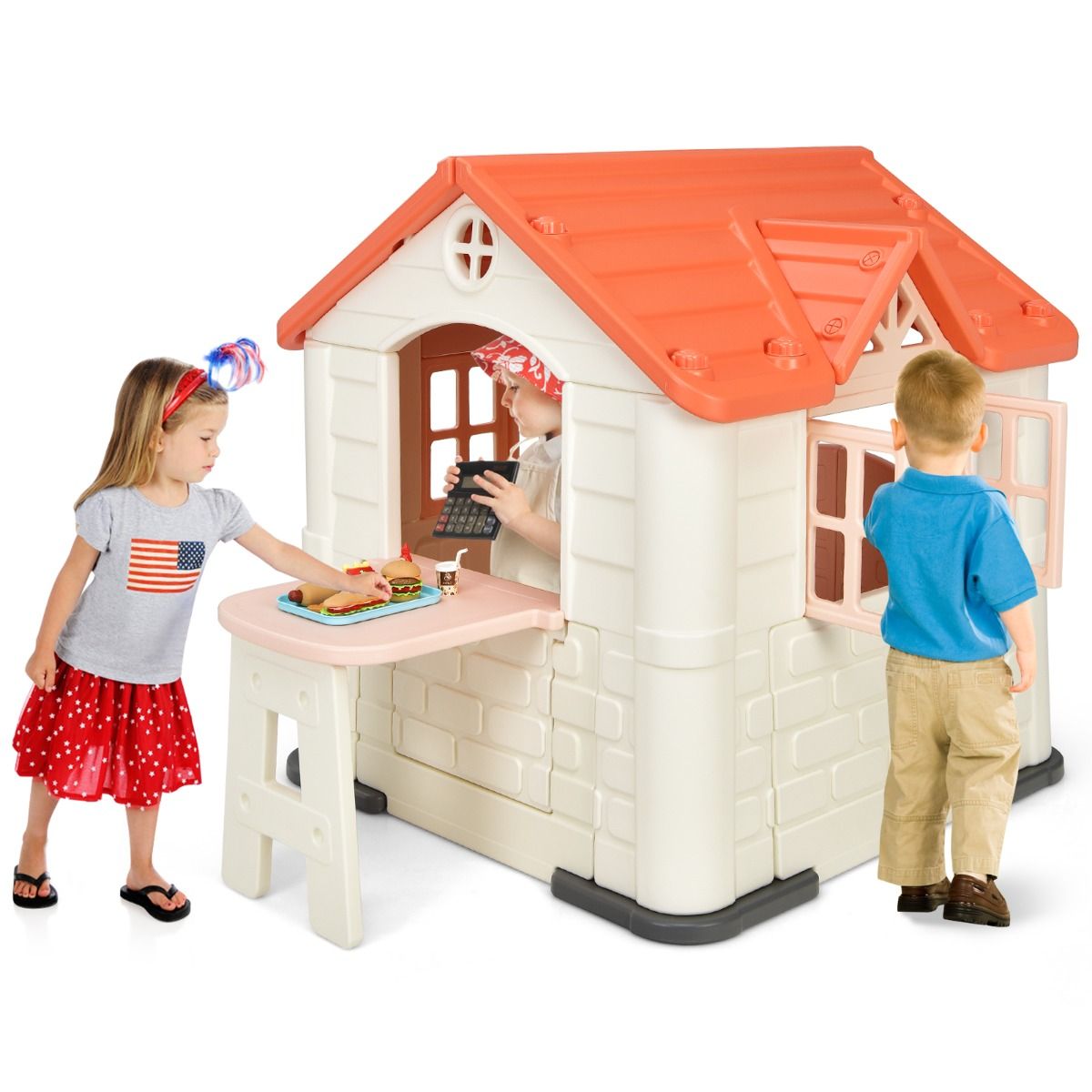 Maison Chef House -Thme Burger Bar - Table de Pique Nique Cabane de Jardin Anti-UV en Plastique 164x124x132 cm Bleu/Rose/Jaune -