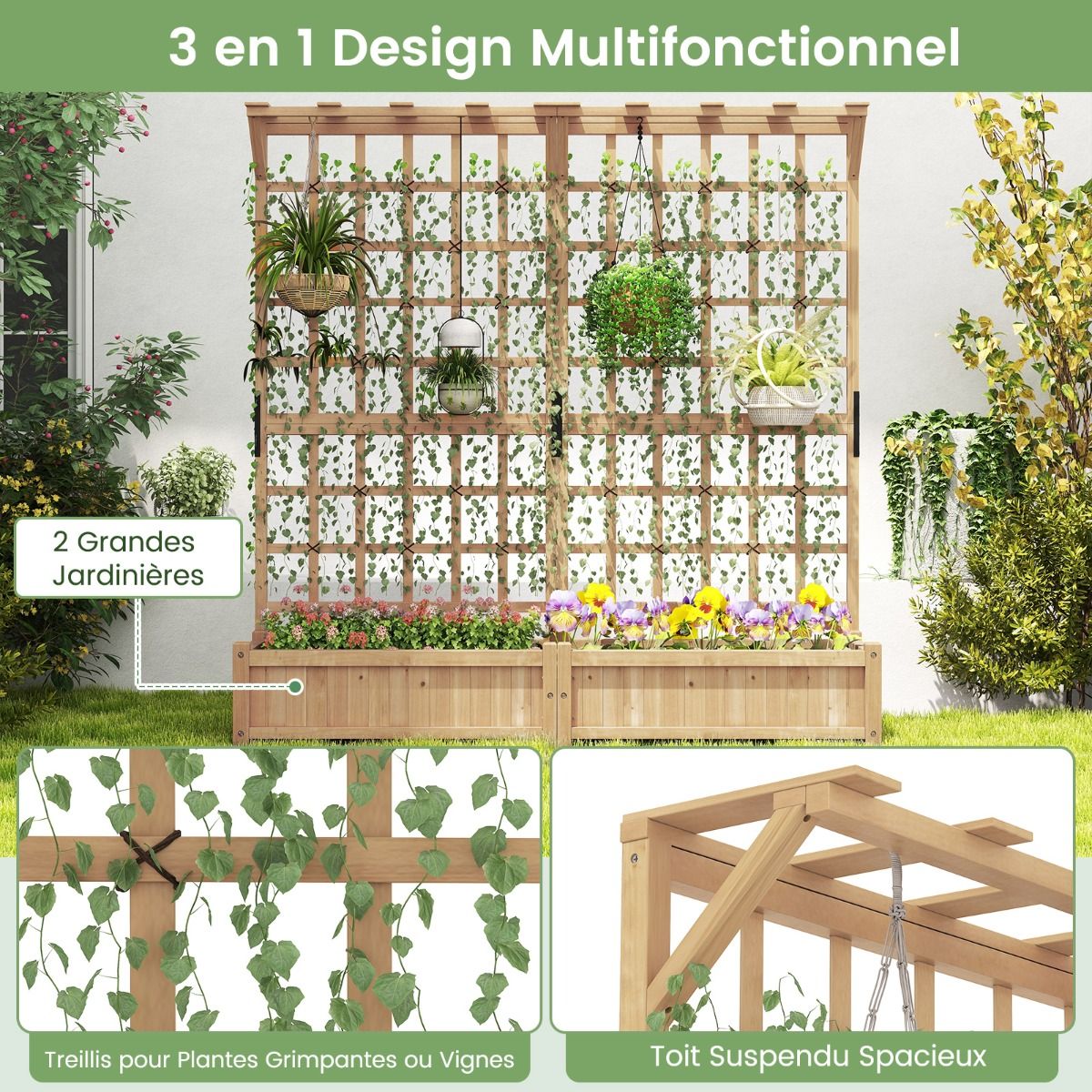 Jardinire avec 2 Treillis 2 Bacs Toit Suspendu en Bois Lit de Jardin Surlev avec 4 Trous de Drainage 180 x 48 x 183 cm Orange -