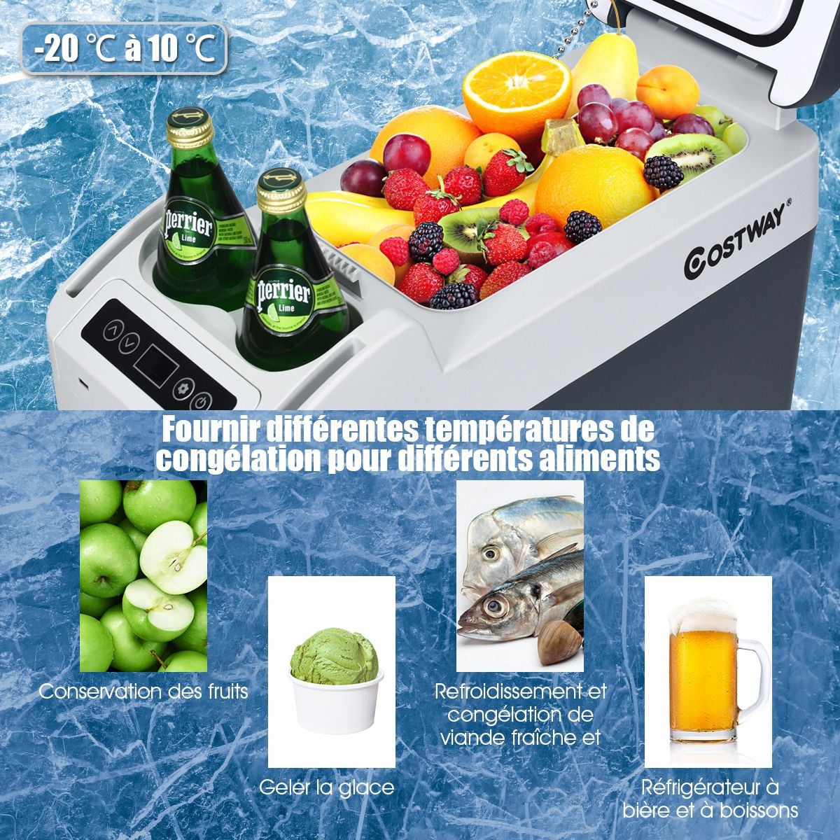 Réfrigérateur Congélateur de Voiture 12L Portable Compresseur -20°C à +10°C Ampoules LED 2 Porte-gobelets 23x53x36cm -