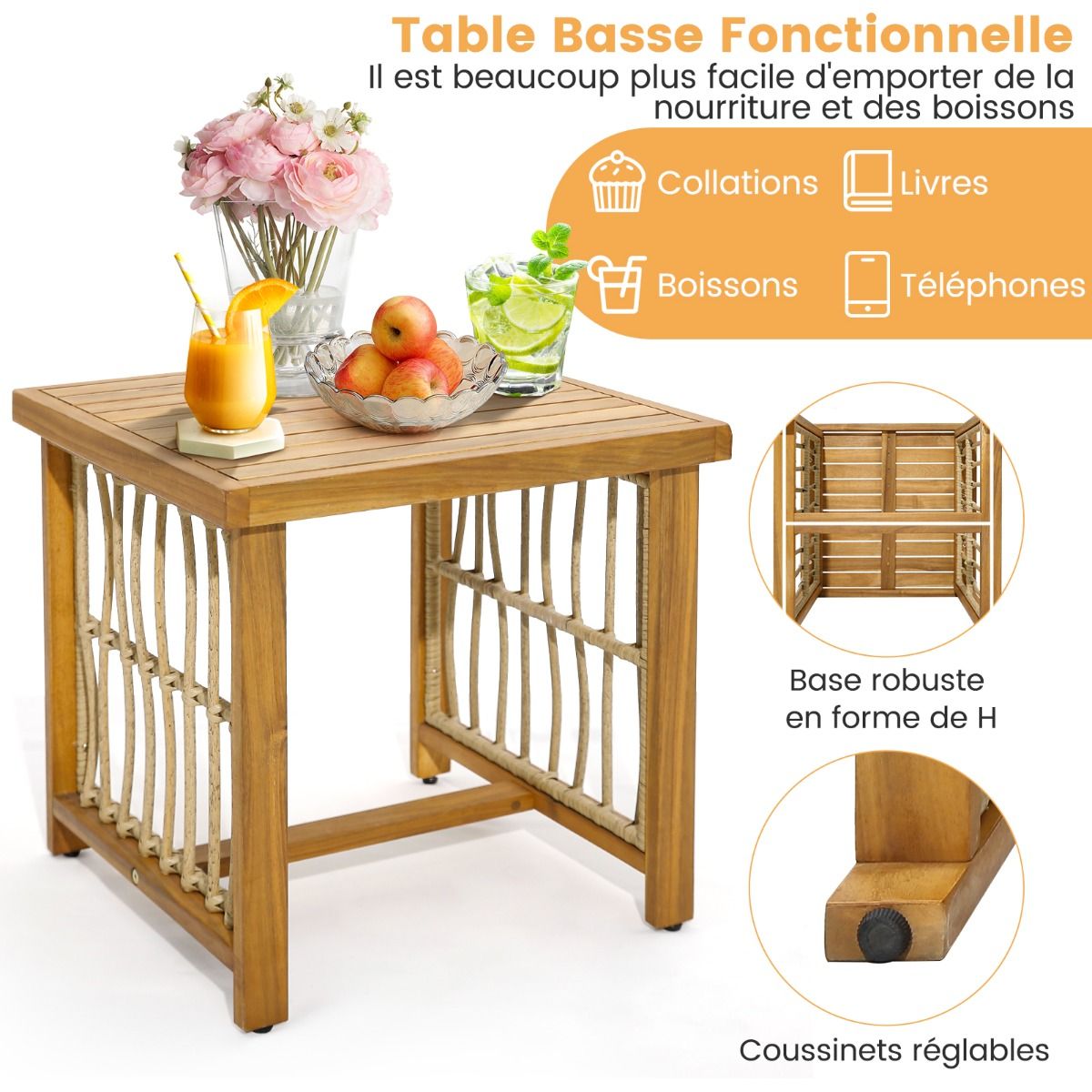 Salon de Jardin avec 1 Table et 2 Fauteuils en Bois d'Acacia et Rotin Anti-UV Pieds Réglables Coussins avec Zip Nautel -