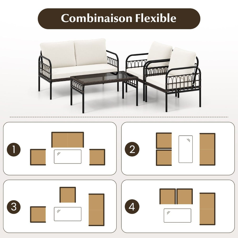 Meubles de Patio 4 Pices en Rotin Charge 180-360KG avec Chaises Causeuse Coussins et Table Basse en Verre Tremp pour Balcon Blanc -