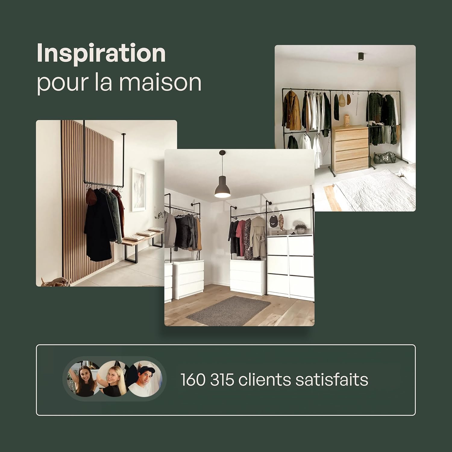 pamo penderie murale - capacité de charge 400 kg - penderie ouverte ou porte-manteau en métal noir industriel fabriqué à partir des tuyaux d’eau