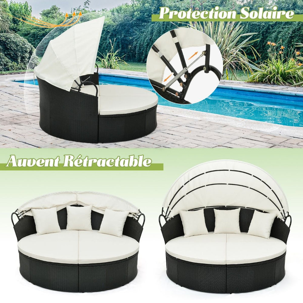 Lit Canapé de Jardin Rond en Rotin PE Auvent Rétractable Coussins et Oreillers Amovibles Salon de Jardin Modulable Blanc -
