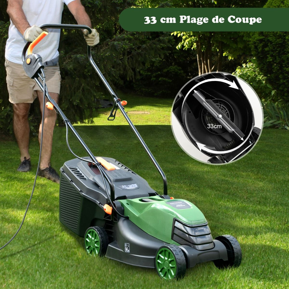 Tondeuse à Gazon Électrique Filaire 1500 W 4015 TR/Min Boîte de Collecte 35 L 3 Hauteur Réglables 25-65 MM Largeur de Coupe 34 CM Vert -
