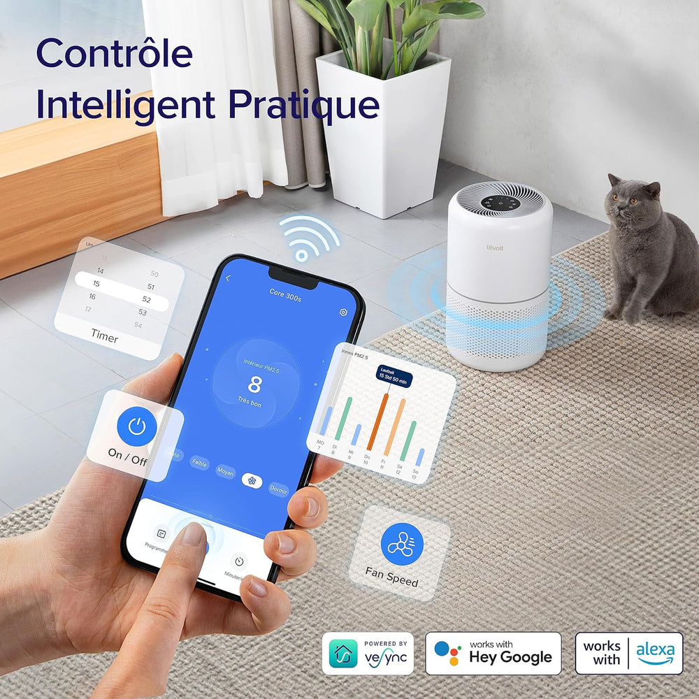 LEVOIT Purificateur d'Air HEPA Intelligent contre Allergie Pollen & Graminée, Purifier jusqu'à 50㎡, Surveille La Qualité de l'Air, Contrôle par App Alexa, 22dB Silencieux, Core 300S