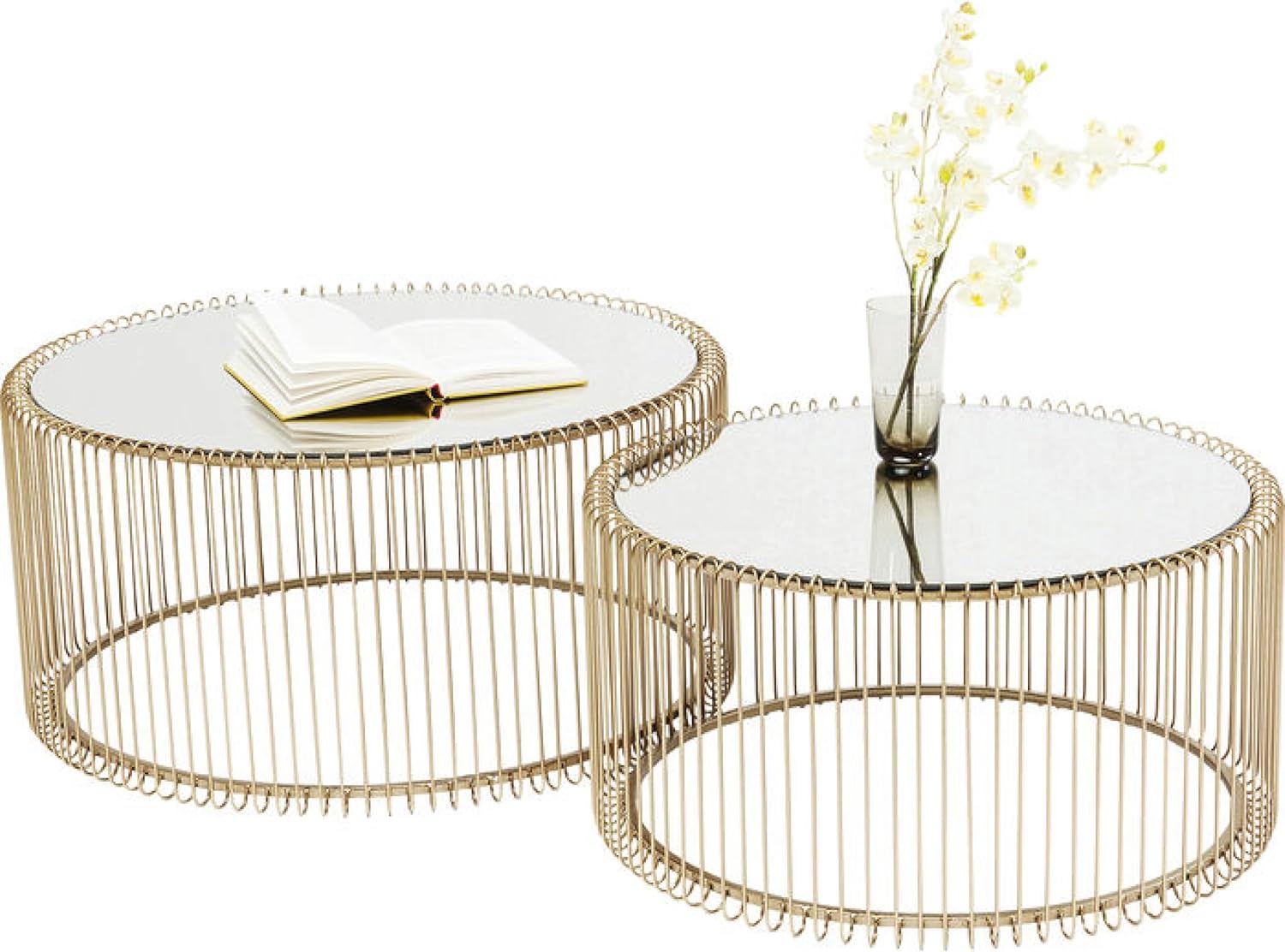 Kare Design Tables Basses Wire, Lot de 2, Laiton/Miroir, Rond, Acier, Plateau de Table en Verre, Diamètre 70/60cm, Style Moderne, Élégante, Table Basse Salon, Deco Intérieur, Décoration Chambre