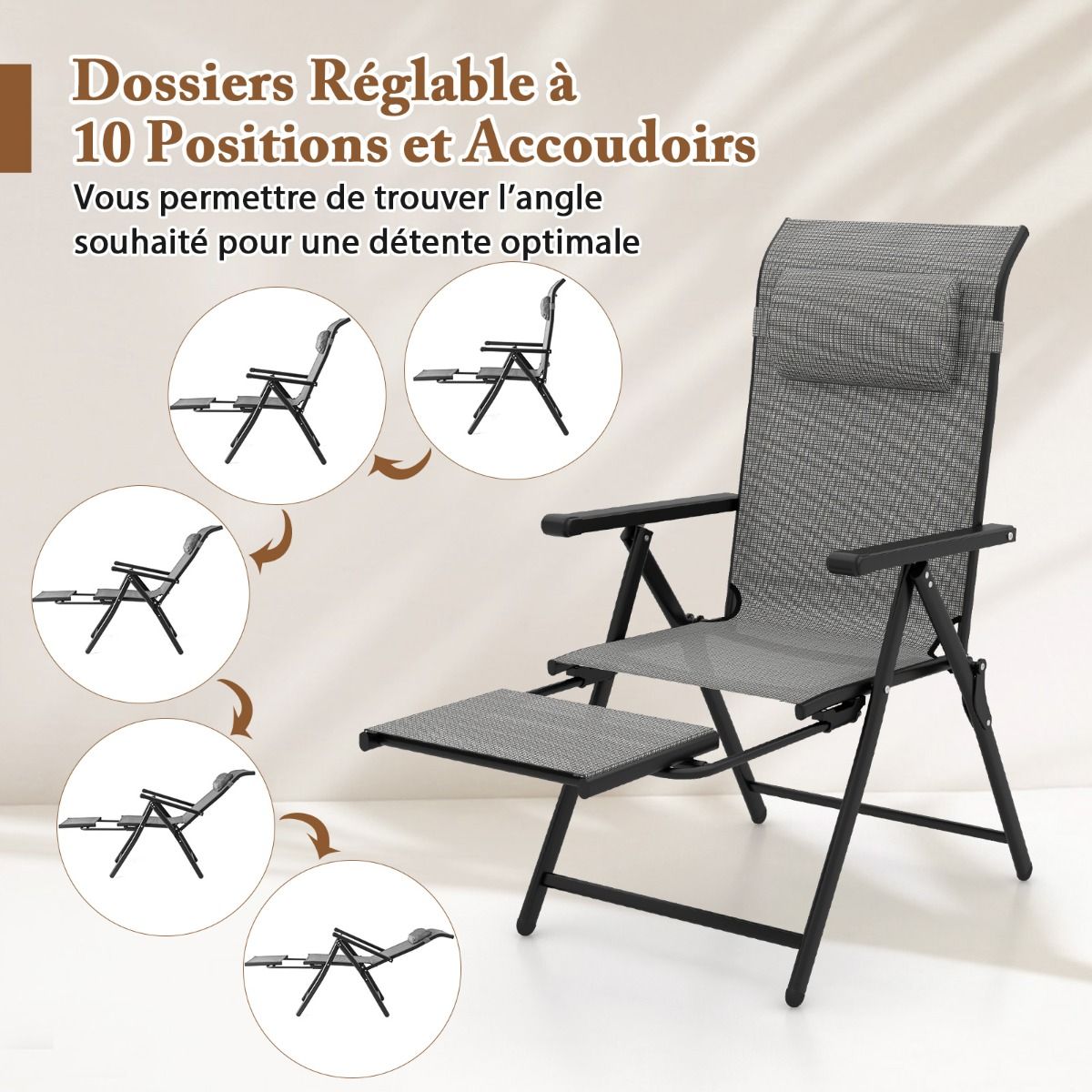 Lot de 2 Chaises Longues Pliantes et Inclinables Dossiers et Accoudoirs Réglables à 10 Niveaux Repose-Pied Rétractable Capacité 150 Kg Gris -