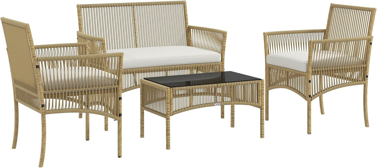 Outsunny Salon de Jardin extérieur 4 pièces canapé 2 Places + 2 fauteuils + 1 Table Basse Plateau Verre trempé Noir 3 Coussins d'assise - métal et résine tressée - Beige