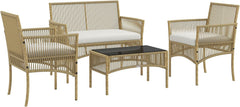 Outsunny Salon de Jardin extérieur 4 pièces canapé 2 Places + 2 fauteuils + 1 Table Basse Plateau Verre trempé Noir 3 Coussins d'assise - métal et résine tressée - Beige