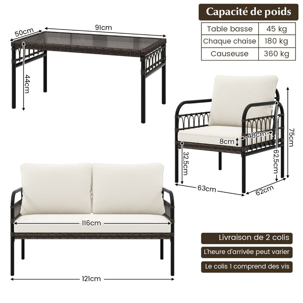 Meubles de Patio 4 Pices en Rotin Charge 180-360KG avec Chaises Causeuse Coussins et Table Basse en Verre Tremp pour Balcon Blanc -