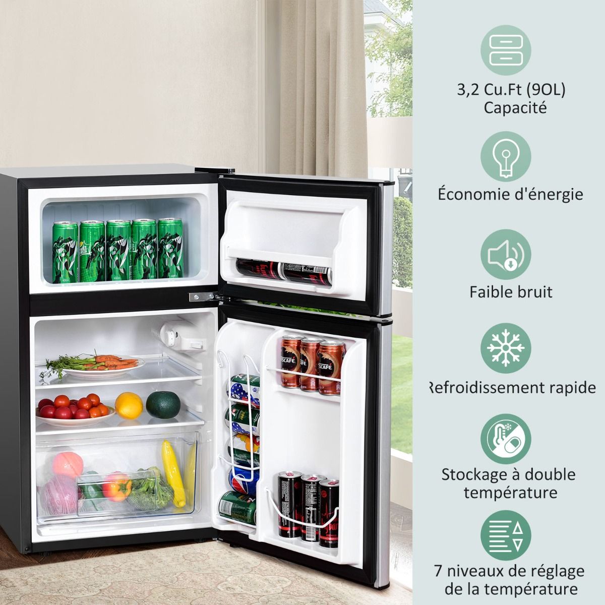 Réfrigérateur Compact Mini-réfrigérateur 90 L Congélateur Séparé avec Design à 2 Portes Fonctionnement Silencieux Blanc/Gris/Noir -