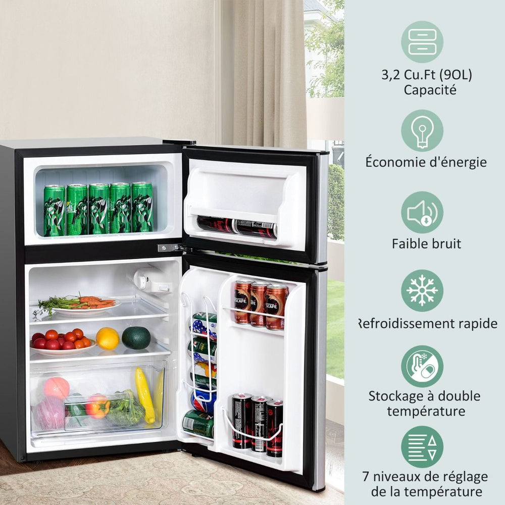 Réfrigérateur Compact Mini-réfrigérateur 90 L Congélateur Séparé avec Design à 2 Portes Fonctionnement Silencieux Blanc/Gris/Noir -