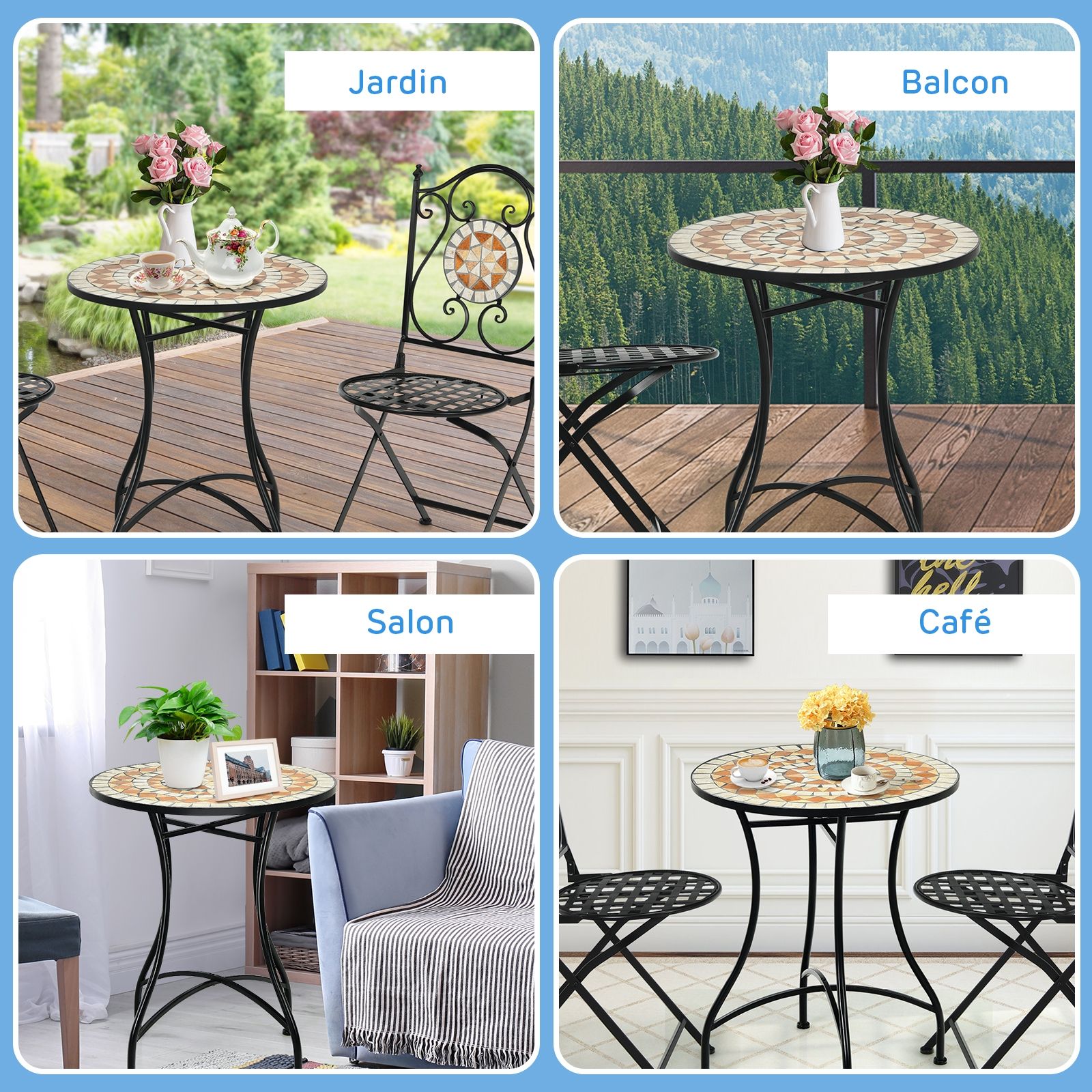 Table de Jardin Style Mosaïque Cadre en Fer et Revêtement Antirouille pour 60 x 60 x 72 CM -
