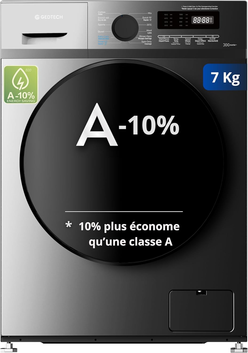 Lave-linge frontal GEDTECH GLL71200BL - 7 Kgs - 1200 tr/mn - 16 programmes - Eco - Intensif - Rapide – Très Faible conso