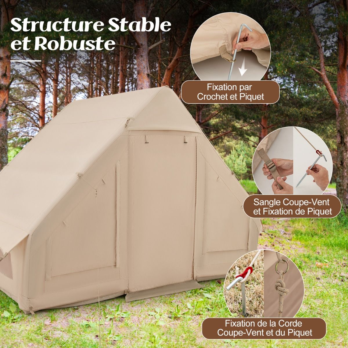 Tente de Camping Gonflable 6 m² pour 4-6 Personnes Tente en Coton Coupe-vent et Imperméable avec Pompe 7 Fenêtres à Moustiquaire Beige -