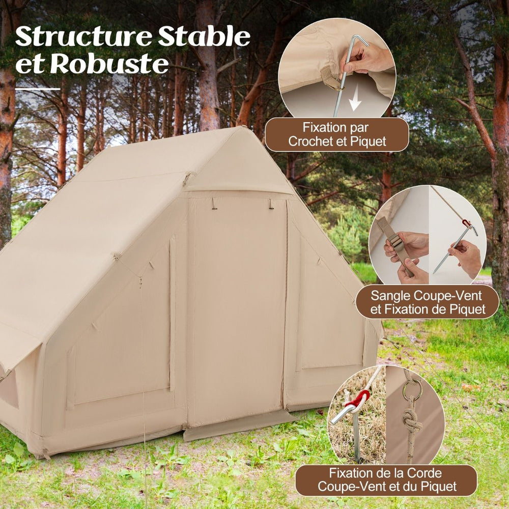 Tente de Camping Gonflable 6 m² pour 4-6 Personnes Tente en Coton Coupe-vent et Imperméable avec Pompe 7 Fenêtres à Moustiquaire Beige -