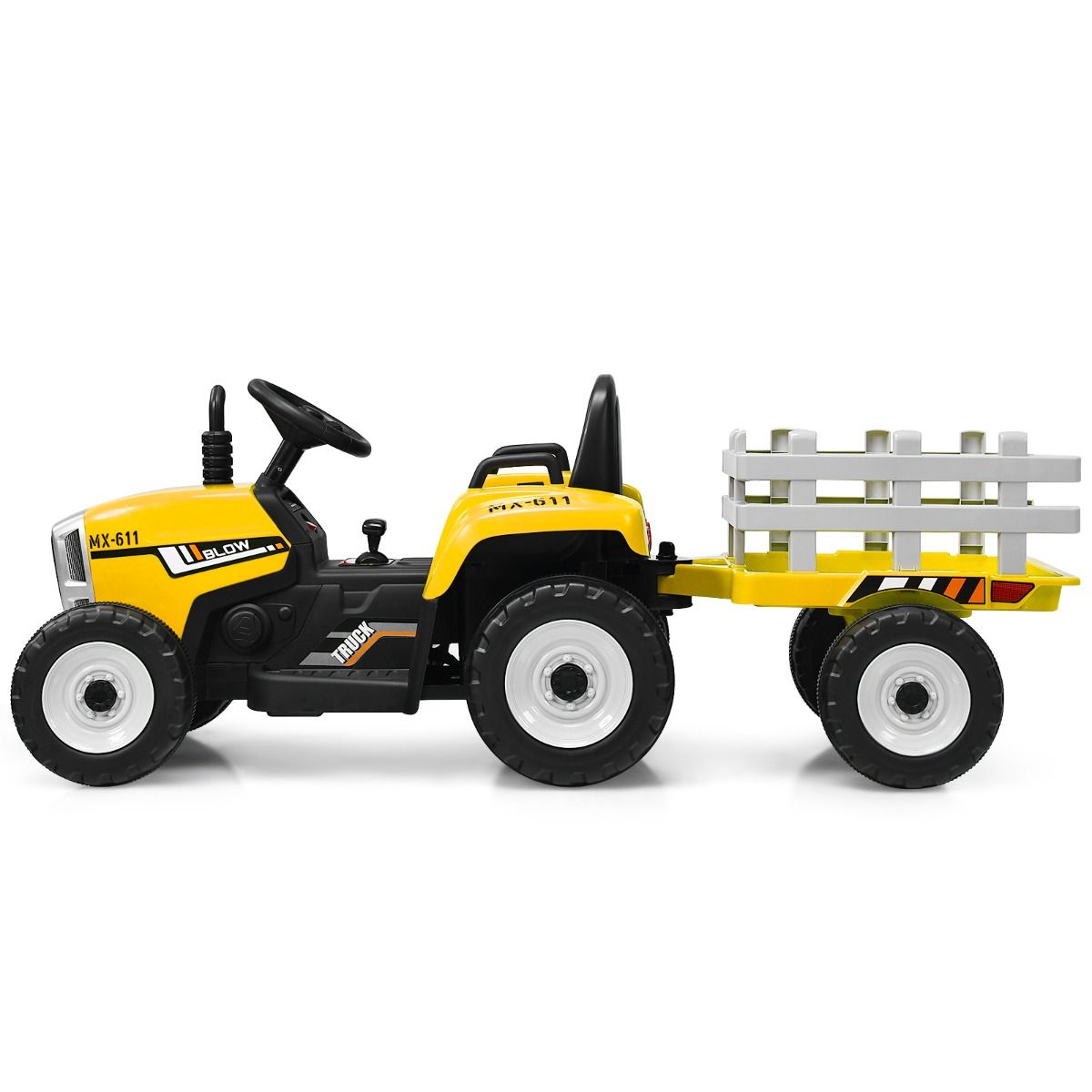 Tracteur Electrique avec Remorque pour Enfants 3 Vitesses Lumières LED Fonctions o USB et Bluetooth Jaune/Rose/Rouge/Vert/Vert Foncé/Noir -