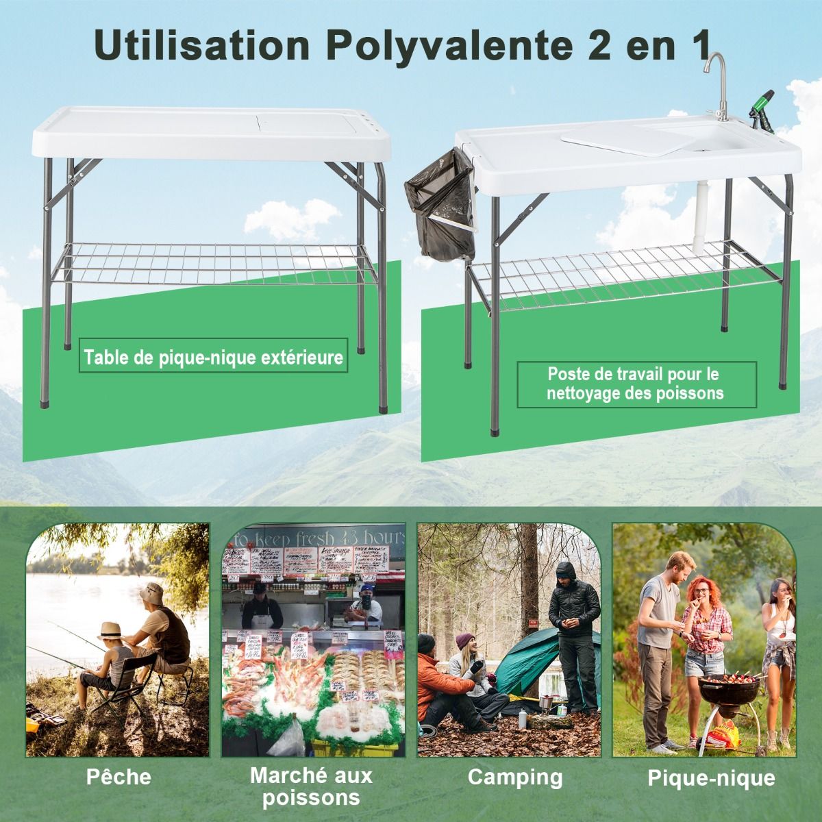 Table de Pêche Pliante avec Robinet Rotatif 360° Table Camping Portable pour Nettoyage Poisson en Acier&HDPE avec Évier et Support de Grille Charge 150KG -