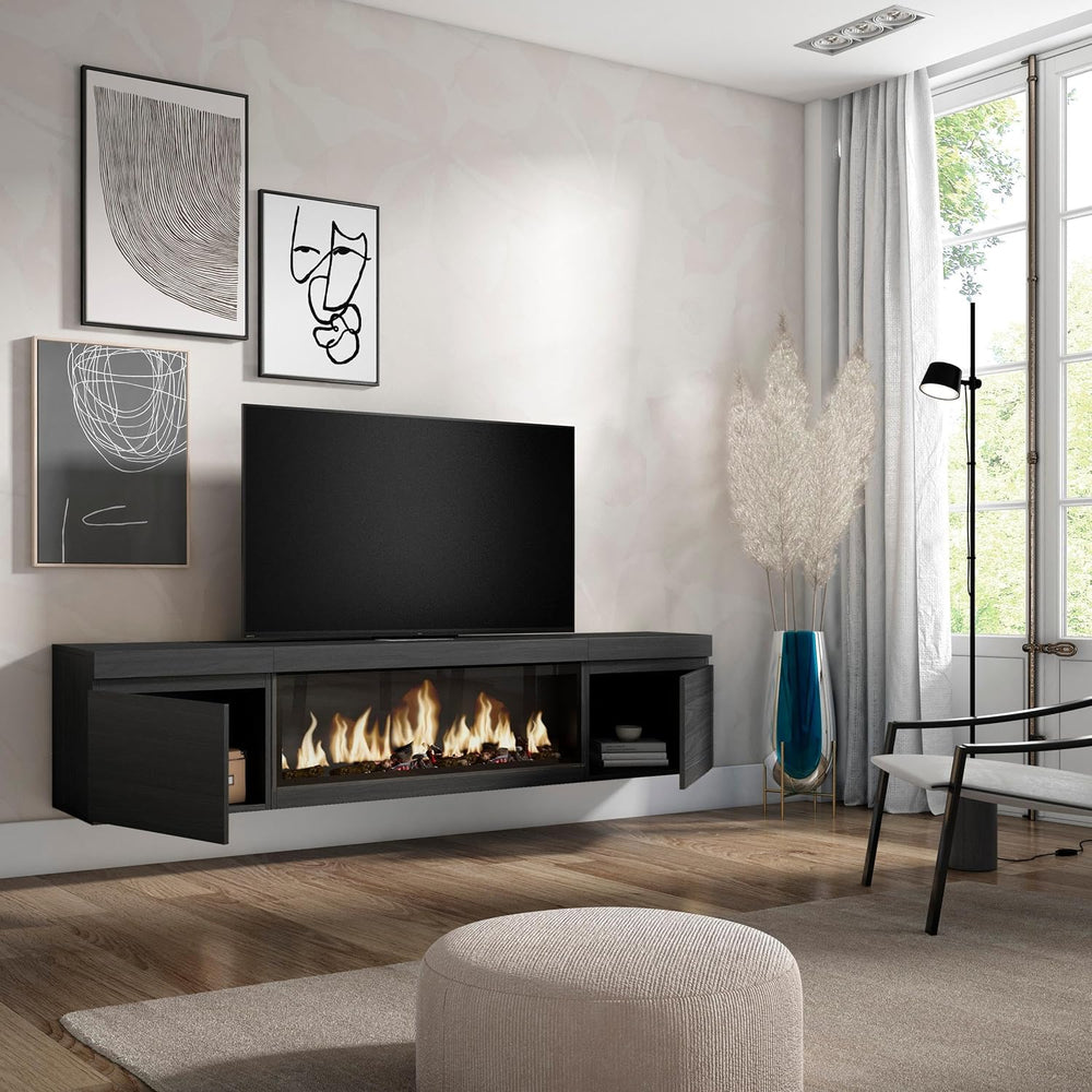 Skraut Home | Meuble TV | Banc Télé | Grand Espace de Rangement | 210 | pour Les TV jusqu'à 80" | Cheminée électrique XXL | Suspendu, Mural | Style Moderne | Noir