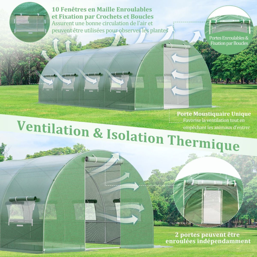 Serre de Jardin Tunnel Cadre en Acier Galvanisé Robuste Serre Tunnel Coupe-vent avec Cerceau 8 Fenêtres Enroulables Vert -