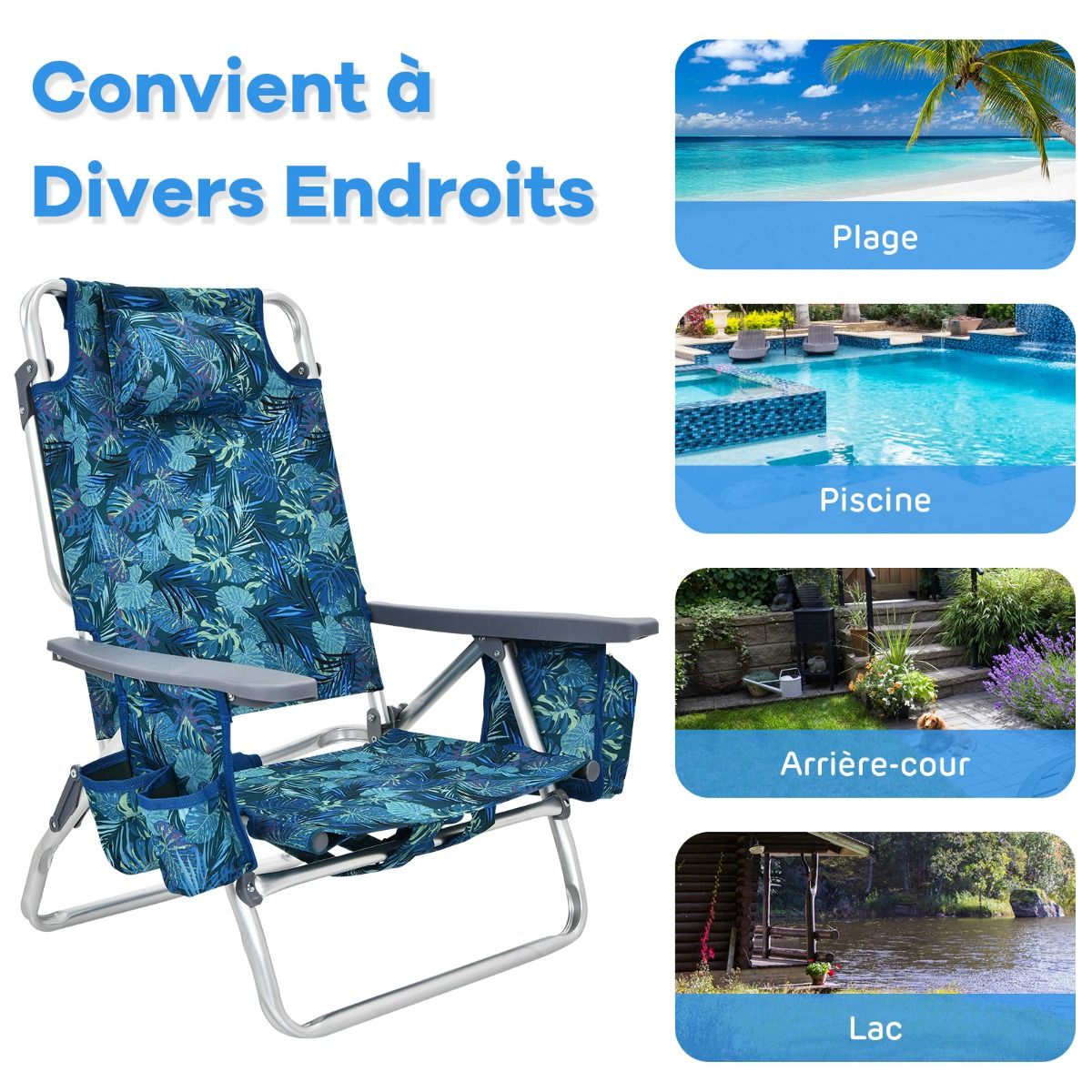 Lot de 2 Chaises de Camping Plage Pliante Table Enroulable en Aluminium Appui-tête Dossier Réglable à 5 Positions 6 Couleurs au Choix -