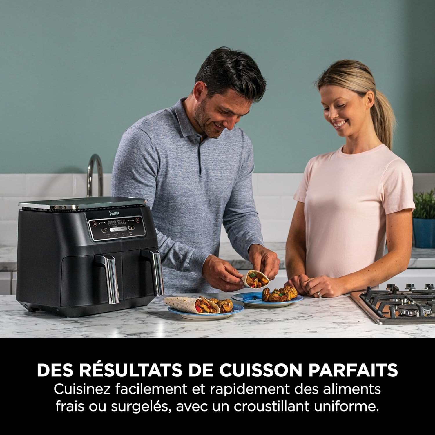 Foodi FlexDrawer Air Fryer,Dual Zone Avec Sparateur Amovible,Grand Tiroir de 10,4 L,7-en-1,Double Zone,Sans Huile,Pices Antiadhsives Compatibles Au Lave-Vaisselle,Noir AF500EU