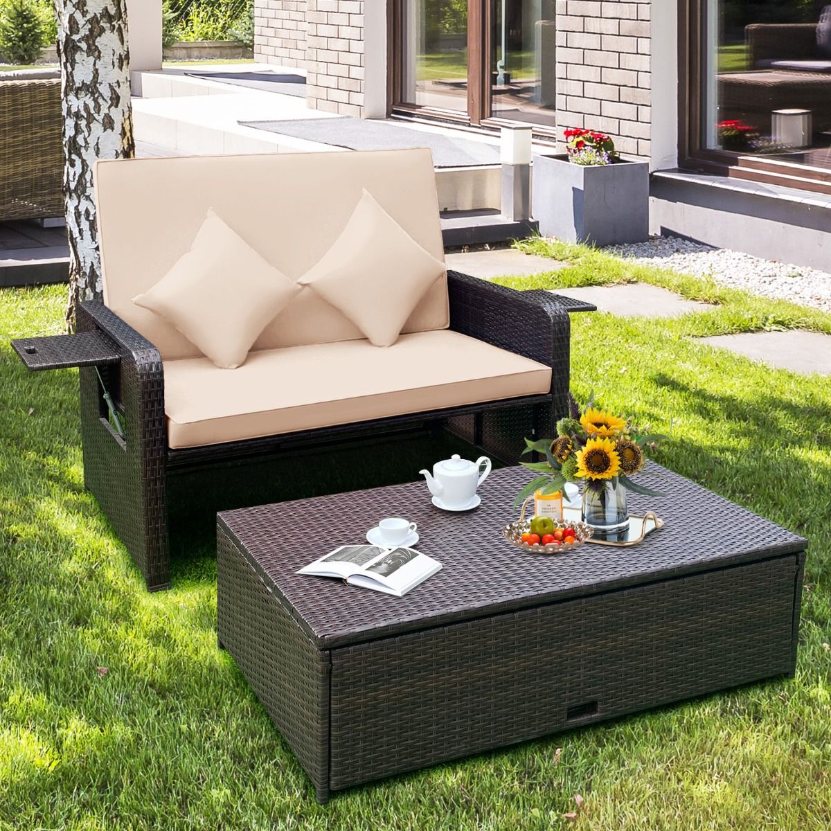 Salon de Jardin Extérieur Ajustable à Lit,2 Place avec Stockage Caché,Dossier Réglable à 4 Niveaux en Rotin PE -