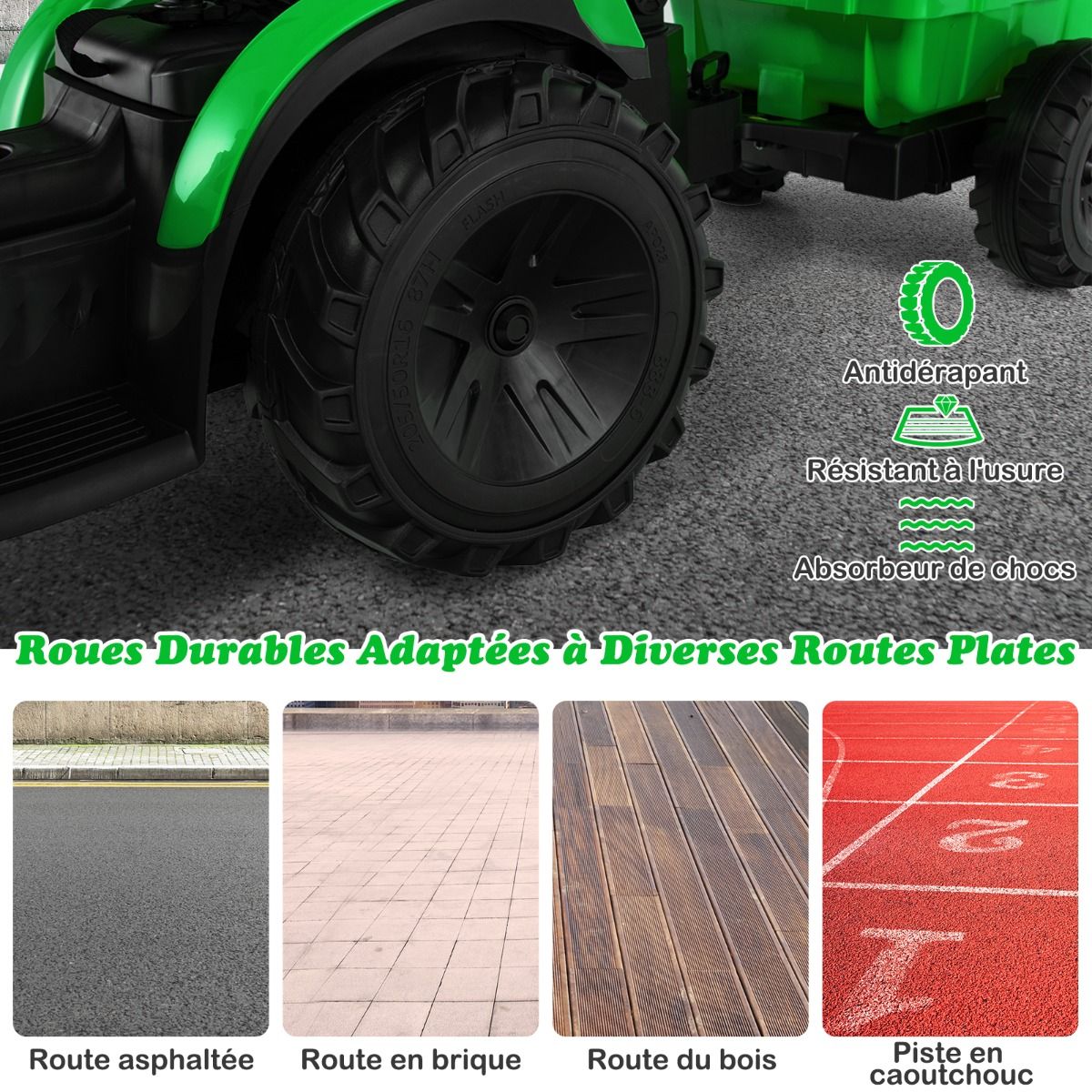 Tracteur Electrique 12 V pour Enfants 3-5 km/h Télécommande MP3 USB Vert/Jaune -