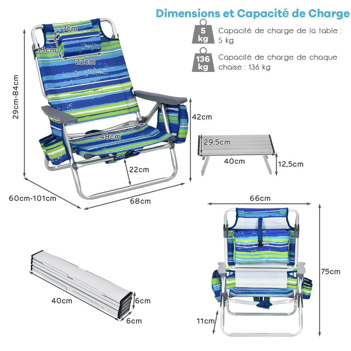 Lot de 2 Chaises de Camping Plage Pliante Table Enroulable en Aluminium Appui-tête Dossier Réglable à 5 Positions 6 Couleurs au Choix -