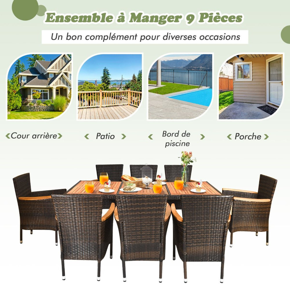 Salon de Jardin en Rotin 9 Pièces pour 8 Personnes Plateau de Table en Acacia Ensemble de Salle à Manger avec Coussins Amovibles Charge 160KG -