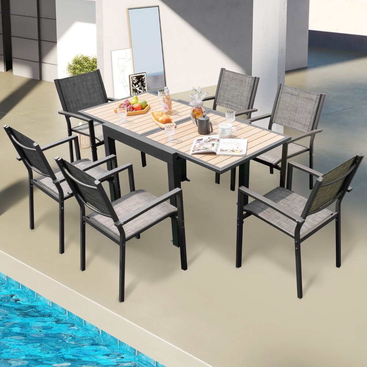 Table de Jardin Extensible en Aluminium Ajustable de 80 à 160 CM Table à Manger Extérieure Rectangulaire pour 4-6 Personnes Naturel -