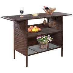 Table de Bar de Jardin en Résine Tressée avec 2 Etagères de Rangement 2 de Rails pour Porte-Verres Marron -
