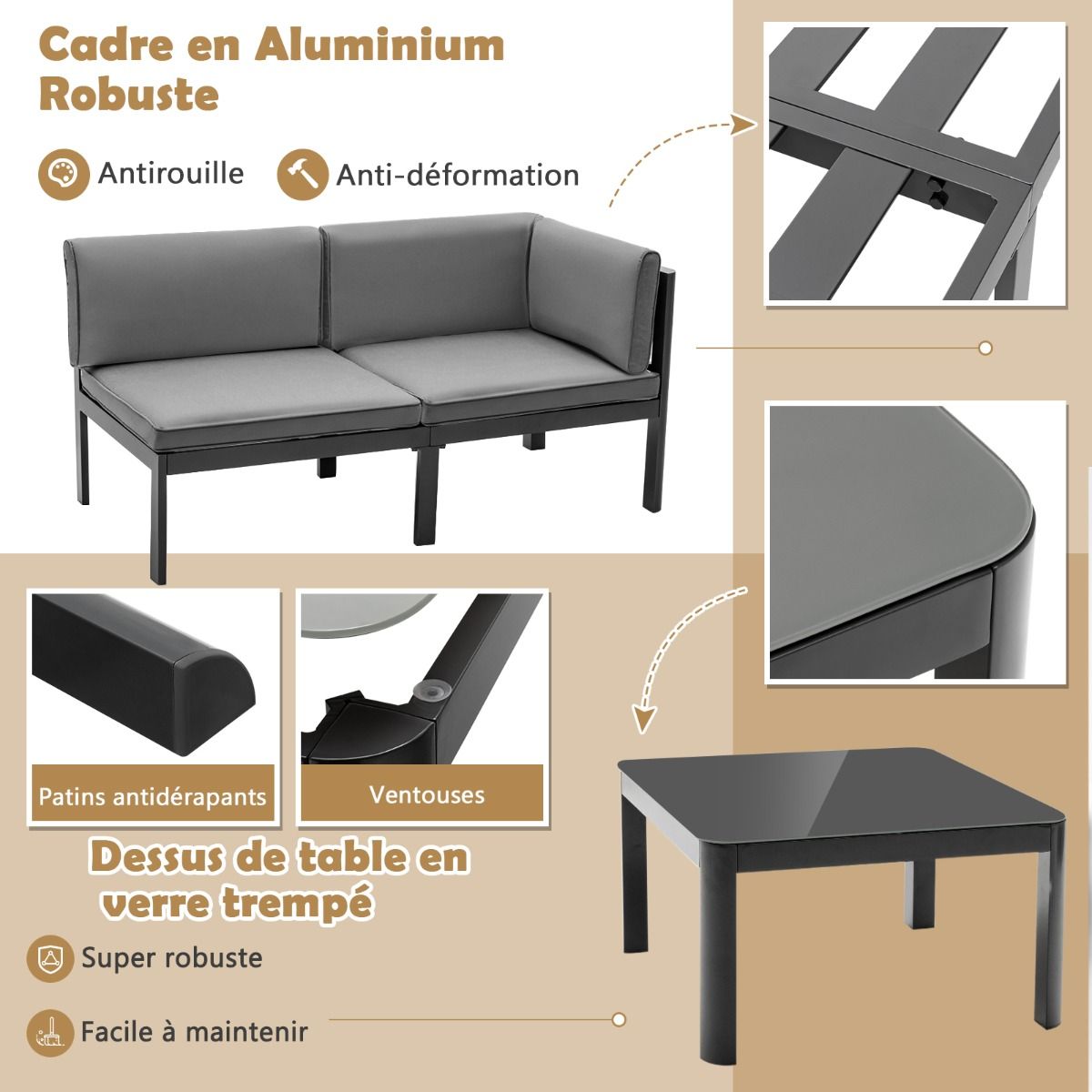 Salon de Jardin Extérieur avec Table Basse en Verre Trempé Canapéavec Dossier Inclinable à 6 Niveaux Coussins Inclus Gris -
