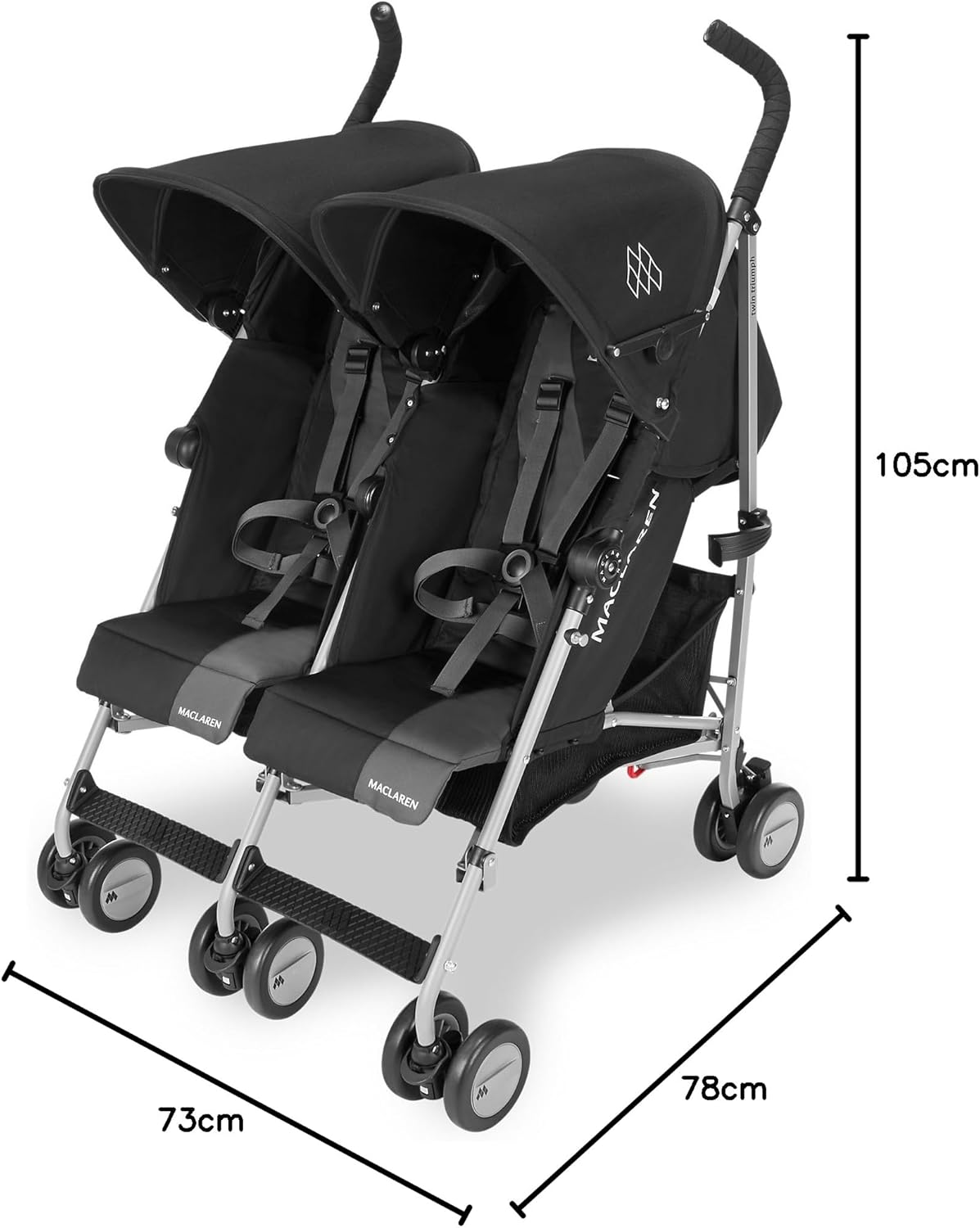 Poussette double Maclaren Twin Triumph (6 mois,jusqu'à 15 kg,un enfant par siège),légère et compacte,capote extensible UPF 50+ avec habillage pluie - Noir/Anthracite
