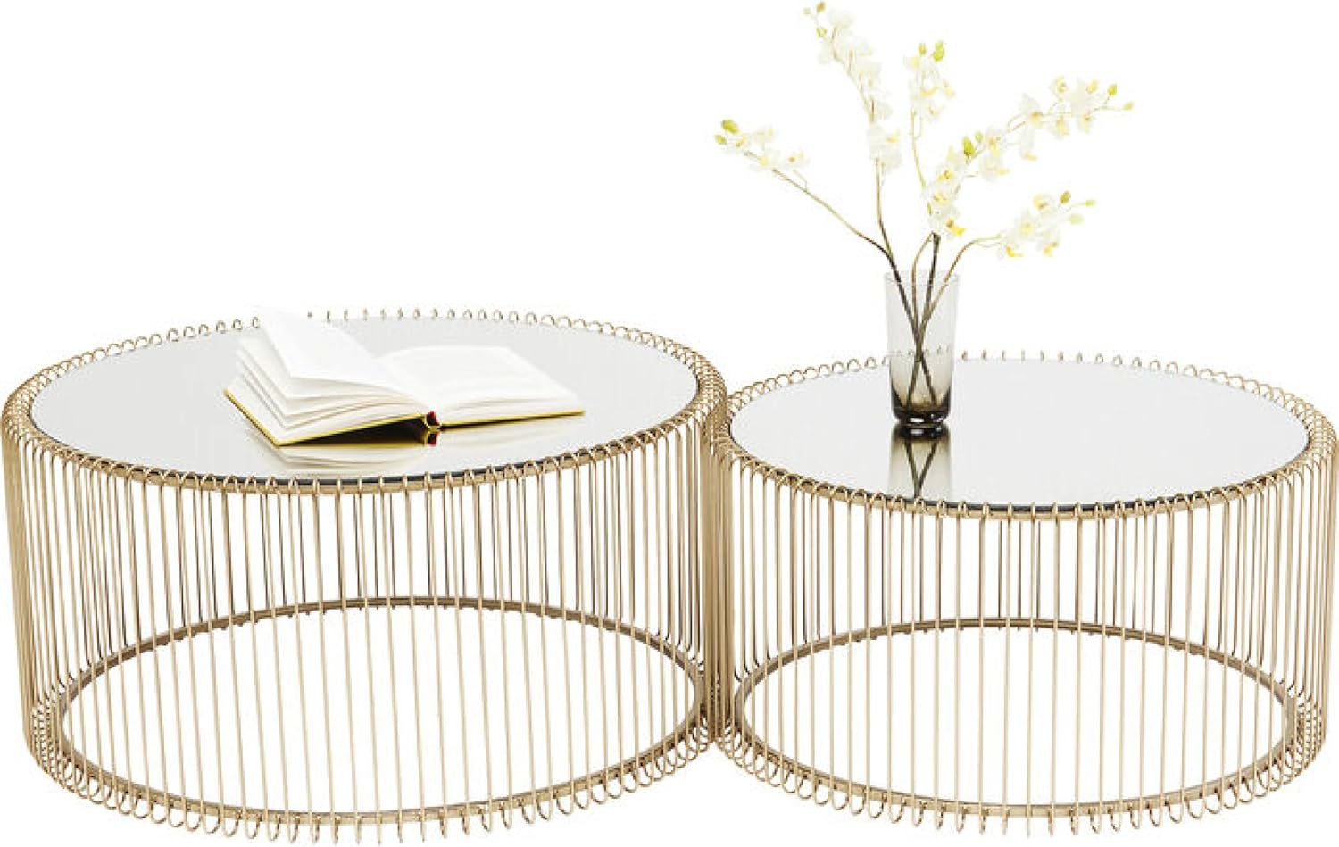 Kare Design Tables Basses Wire, Lot de 2, Laiton/Miroir, Rond, Acier, Plateau de Table en Verre, Diamètre 70/60cm, Style Moderne, Élégante, Table Basse Salon, Deco Intérieur, Décoration Chambre