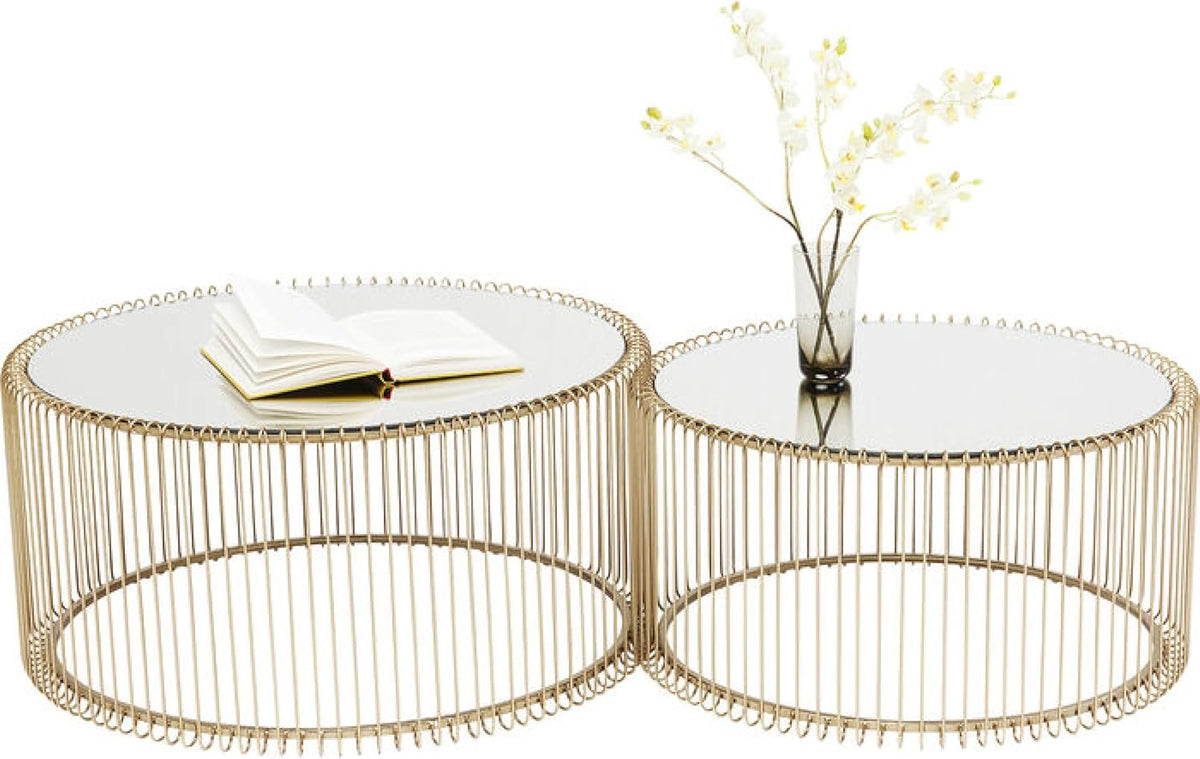 Kare Design Tables Basses Wire, Lot de 2, Laiton/Miroir, Rond, Acier, Plateau de Table en Verre, Diamètre 70/60cm, Style Moderne, Élégante, Table Basse Salon, Deco Intérieur, Décoration Chambre
