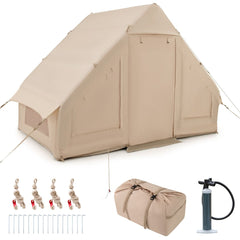 Tente de Camping Gonflable 6 m² pour 4-6 Personnes Tente en Coton Coupe-vent et Imperméable avec Pompe 7 Fenêtres à Moustiquaire Beige -