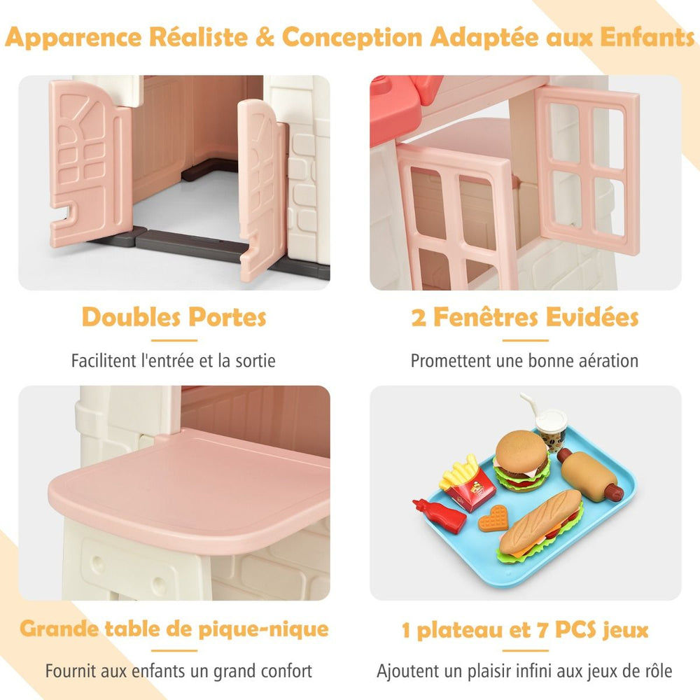 Maison Chef House -Thme Burger Bar - Table de Pique Nique Cabane de Jardin Anti-UV en Plastique 164x124x132 cm Bleu/Rose/Jaune -