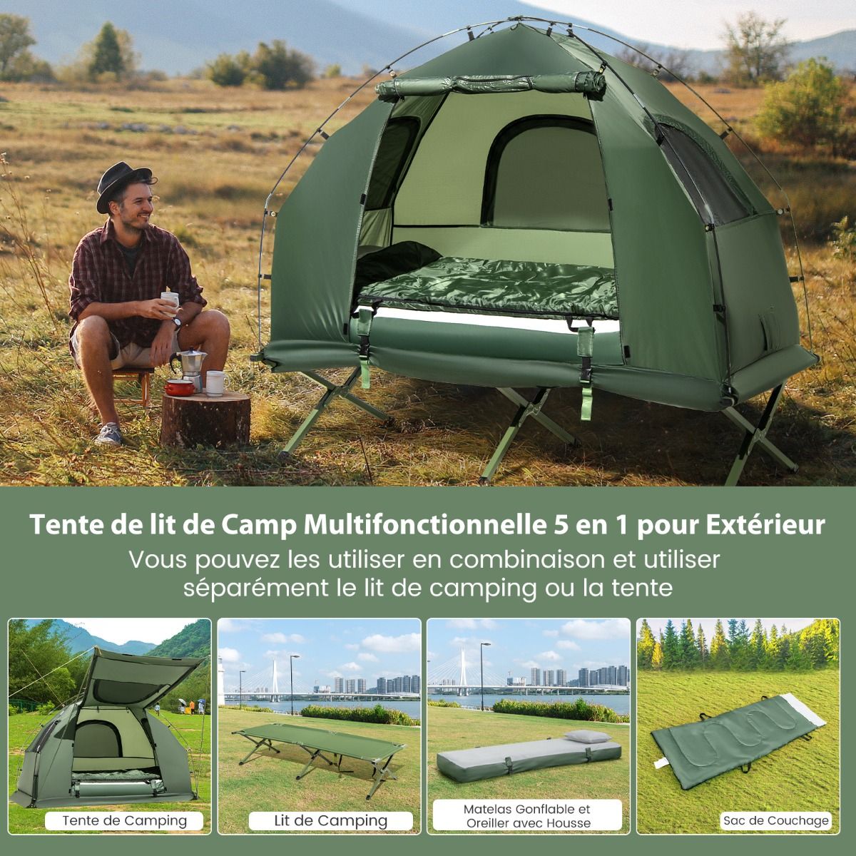 Tente de Camping avec Lit pour 1 Personne Lit de Camping Pliant 5 en 1 avec Matelas Pneumatique Oreiller Sac de Couchage Tente Surélevée Étanche -