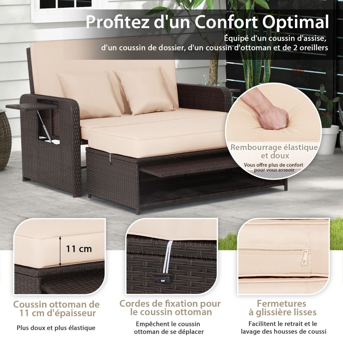 Salon de Jardin Extérieur Ajustable à Lit,2 Place avec Stockage Caché,Dossier Réglable à 4 Niveaux en Rotin PE -