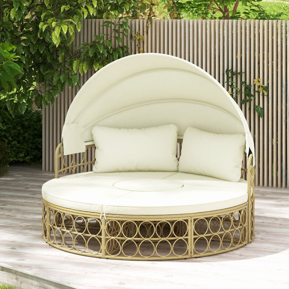 Lit de Repos Rond pour Patio avec Auvent Rétractable Ensemble de Siège Sectionnels Séparés en Rotin PE avec Coussins Doux Blanc -