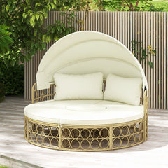 Lit de Repos Rond pour Patio avec Auvent Rétractable Ensemble de Siège Sectionnels Séparés en Rotin PE avec Coussins Doux Blanc -