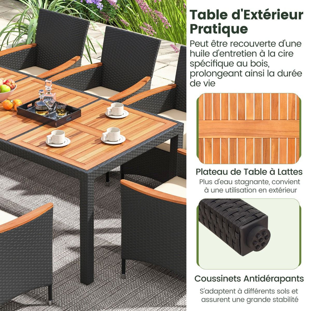 Salon de Jardin en Rotin 9 Pièces Plateau de Table en Acacia Ensemble de Salle à Manger avec Coussins Amovibles Trou Charge 180KG Beige+Noir -