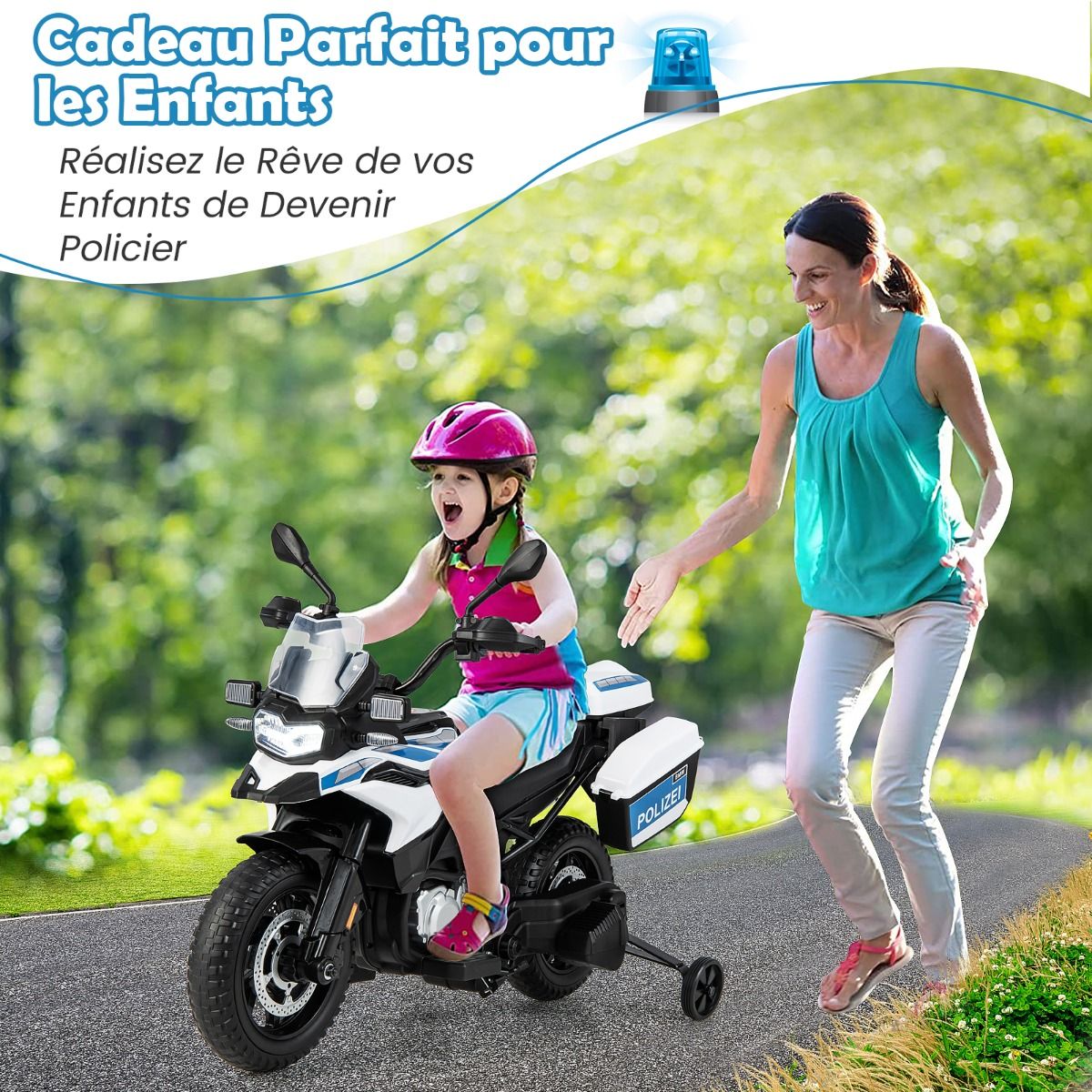 Moto Électrique 12V/7AH pour Enfants 6km/h Modèle Policier avec Klaxon Musique Sirène Phares pour 3-8 Ans -