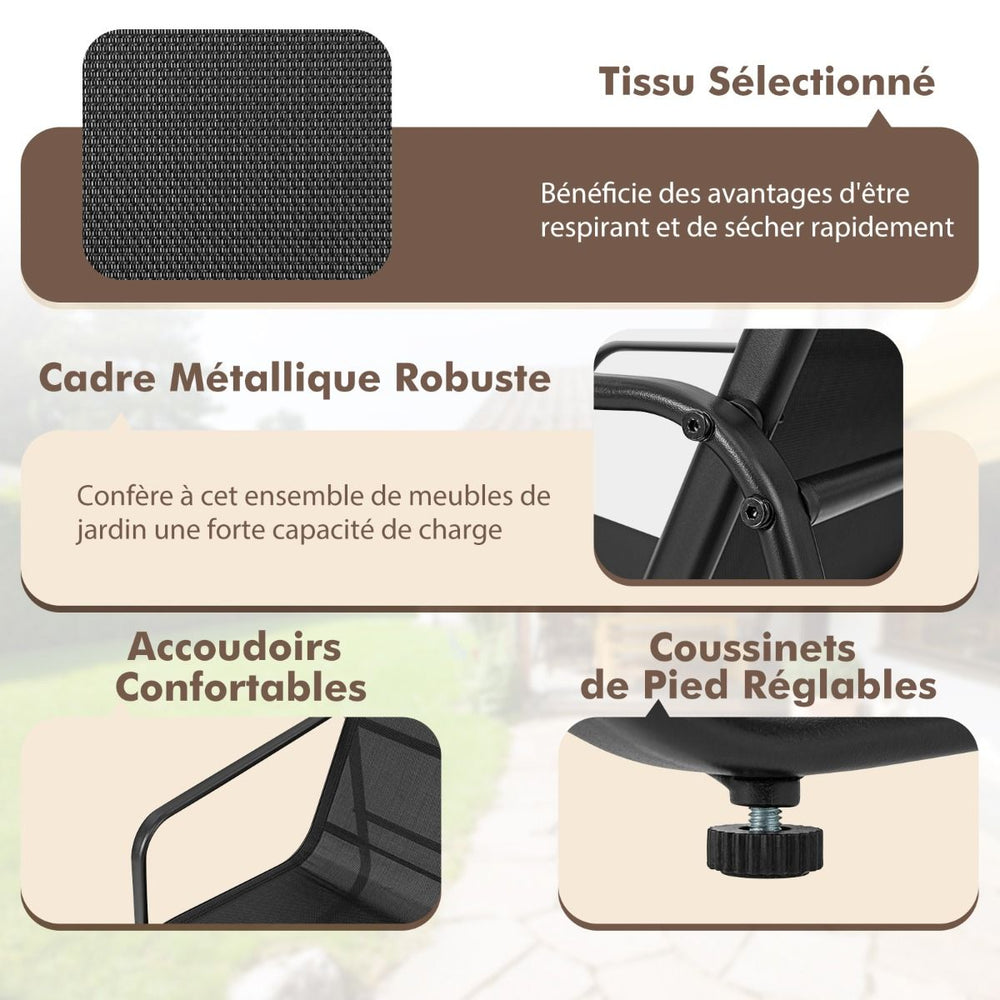 Salon de Jardin 4 Pices avec 2 Chaises Table en Verre Tremp et Causeuse Meuble Extrieur en Tissu Respirant Cadre Mtallique Noir -